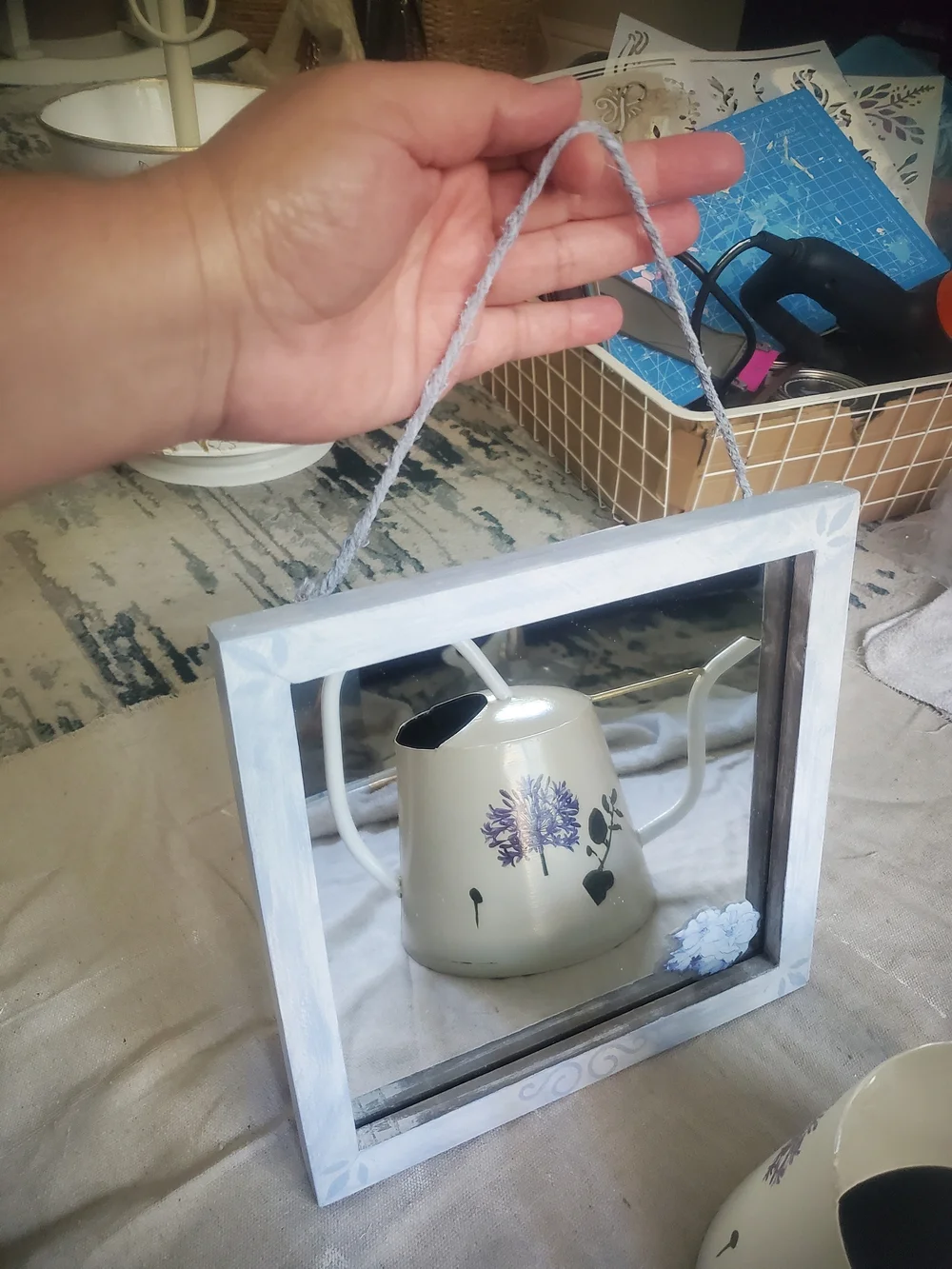 White Framed Square Wall Mirror with Decorative Rope Hanger
